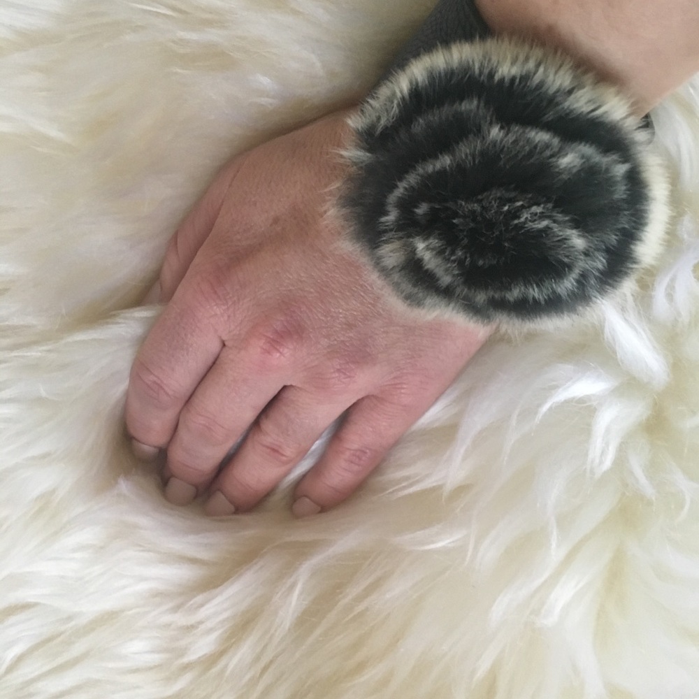 Real rabbit puff on leather double snap bracelet